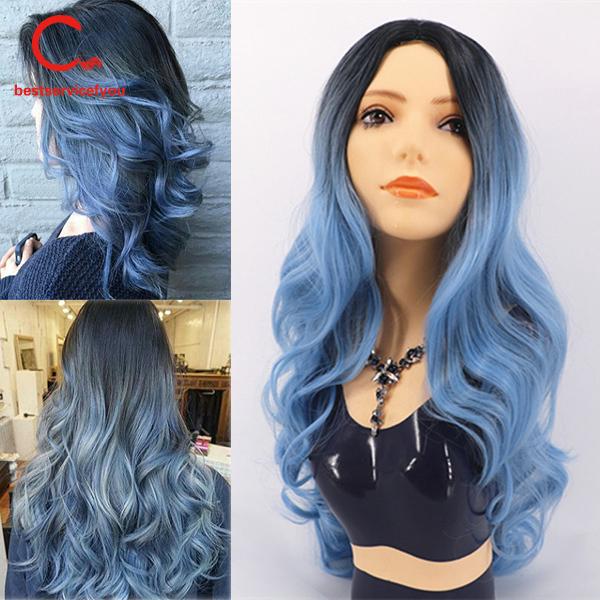 Tóc Giả Nữ Xoăn Dài Bồng Bềnh Màu Xanh Dương Cá Tính