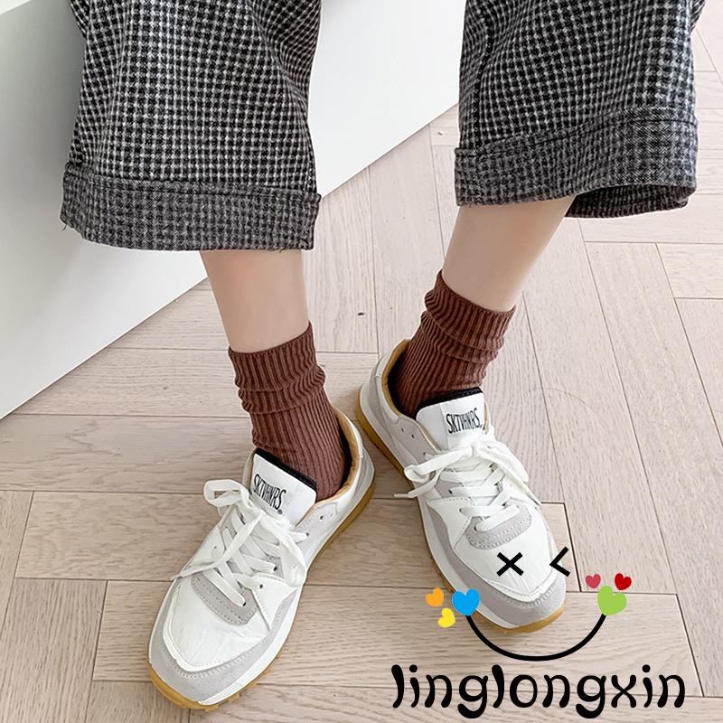 Vớ ống lửng màu trơn giữ ấm dệt gân cho nữ