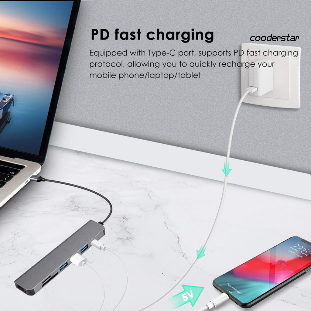 Bộ Hub cắm sạc 4K HDMI USB 3.0 sang USB-C 7 trong 1 cho laptop máy tính