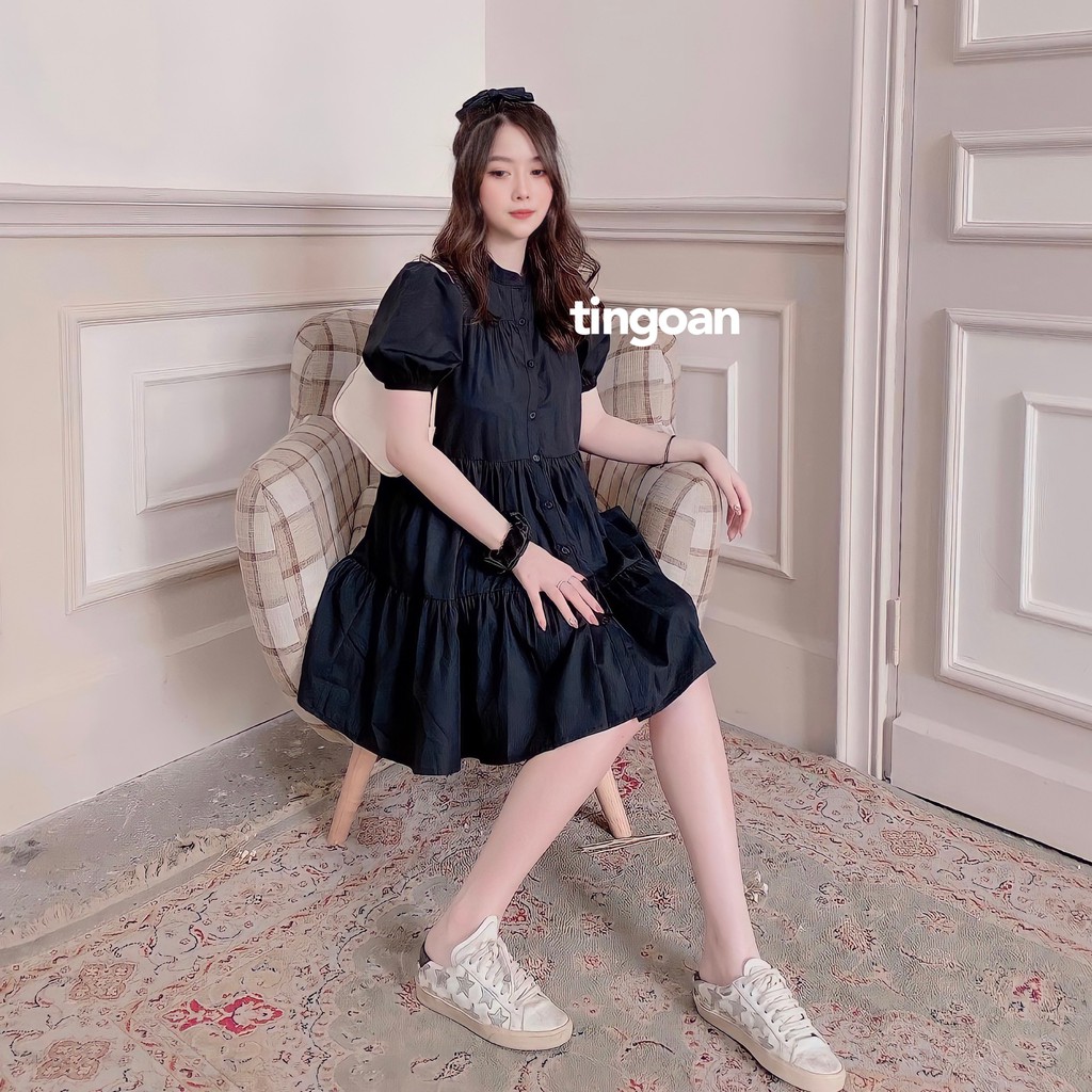 TINGOAN® - Váy babydoll xòe vai phồng cổ tàu chống nhăn đen BLOW ME DRESS/BL