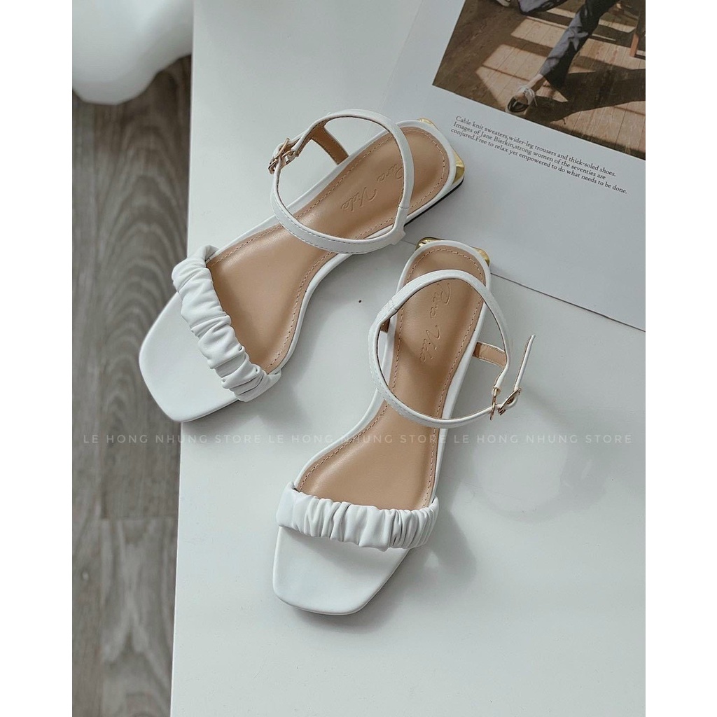 Sandal da mịn quai ngang nhún gót mạ thấp - 2P