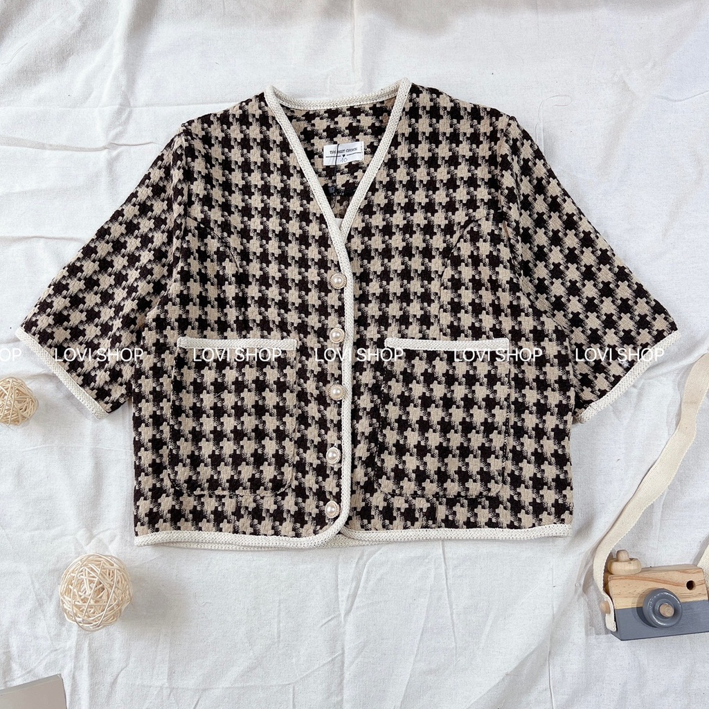 LOVI SHOP- Áo dạ tweed tay ngắn cúc ngọc cực sang chảnh phong cách Hàn Quốc siêu xinh