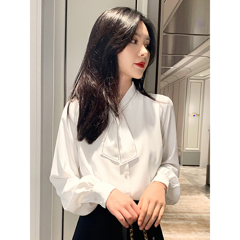 (ORDER) Áo sơ mi nữ màu trắng dài tay cổ thắt nơ điệu đà công sở Hàn Quốc (CÓ_ẢNH_THẬT)