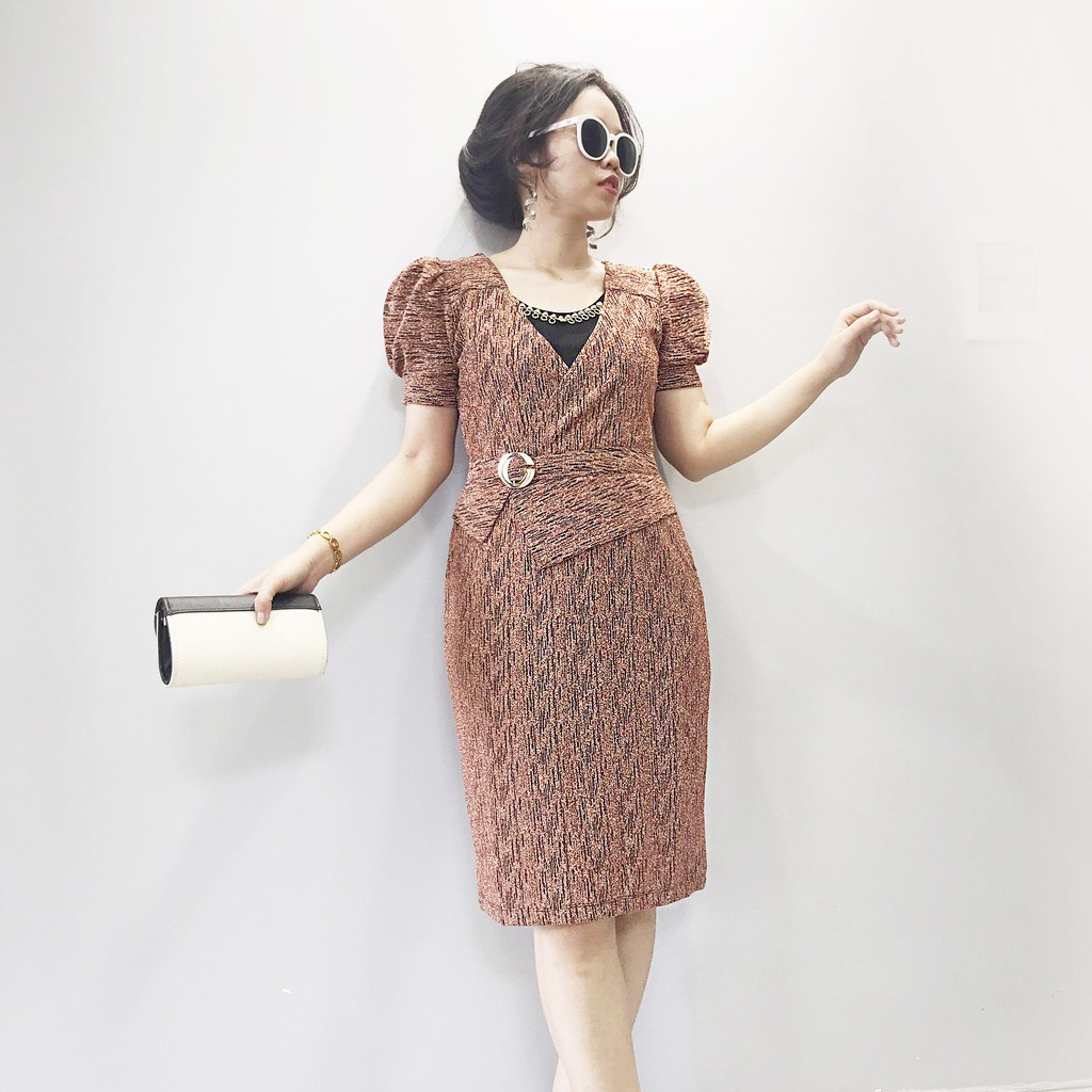 Đầm trung niên dáng ôm tay phồng, váy trung niên dáng peplum dự tiệc MS79 | BigBuy360 - bigbuy360.vn