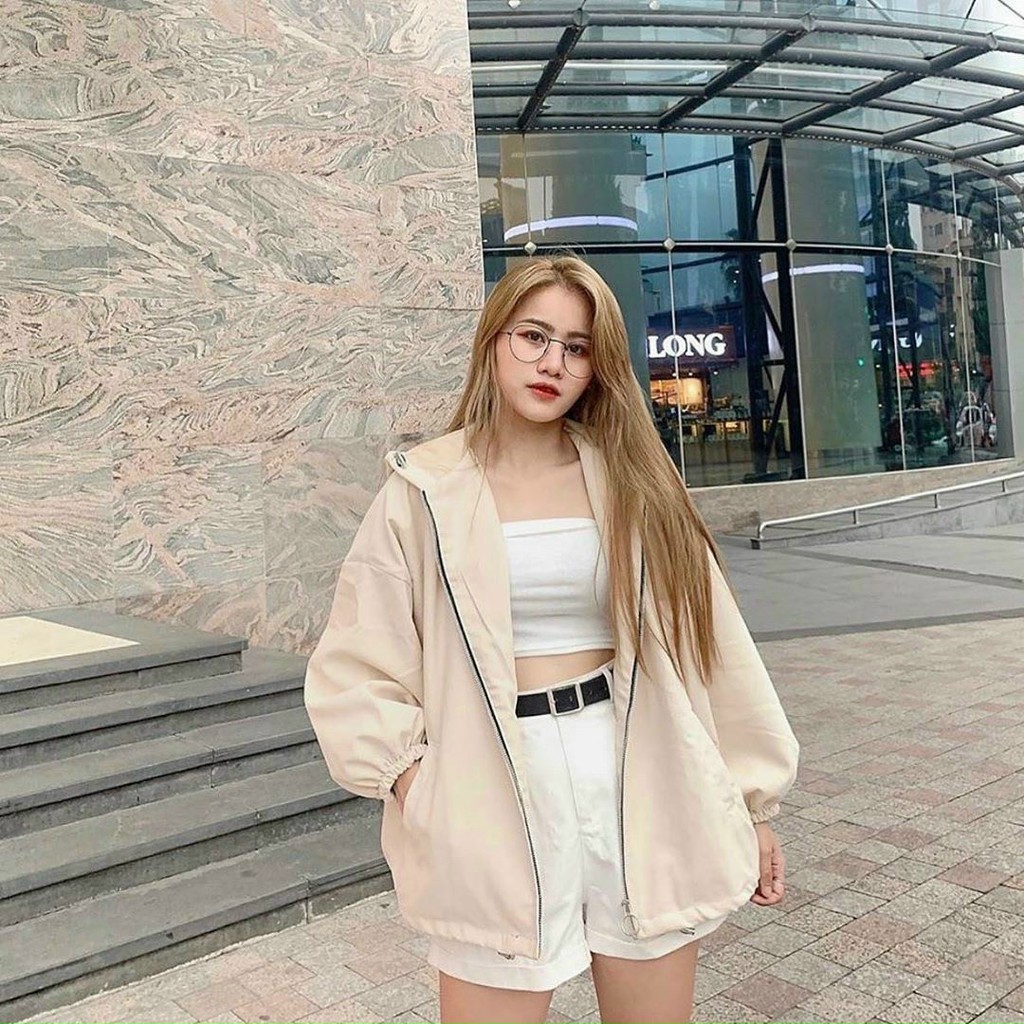 ÁO KHOÁC RoundLock Tay Bồng Nữ BASIC :cherry_blossom: Jacket Kaki khóa tròn form rộng bigsize màu ĐEN | BE - NÂU Ulzzang