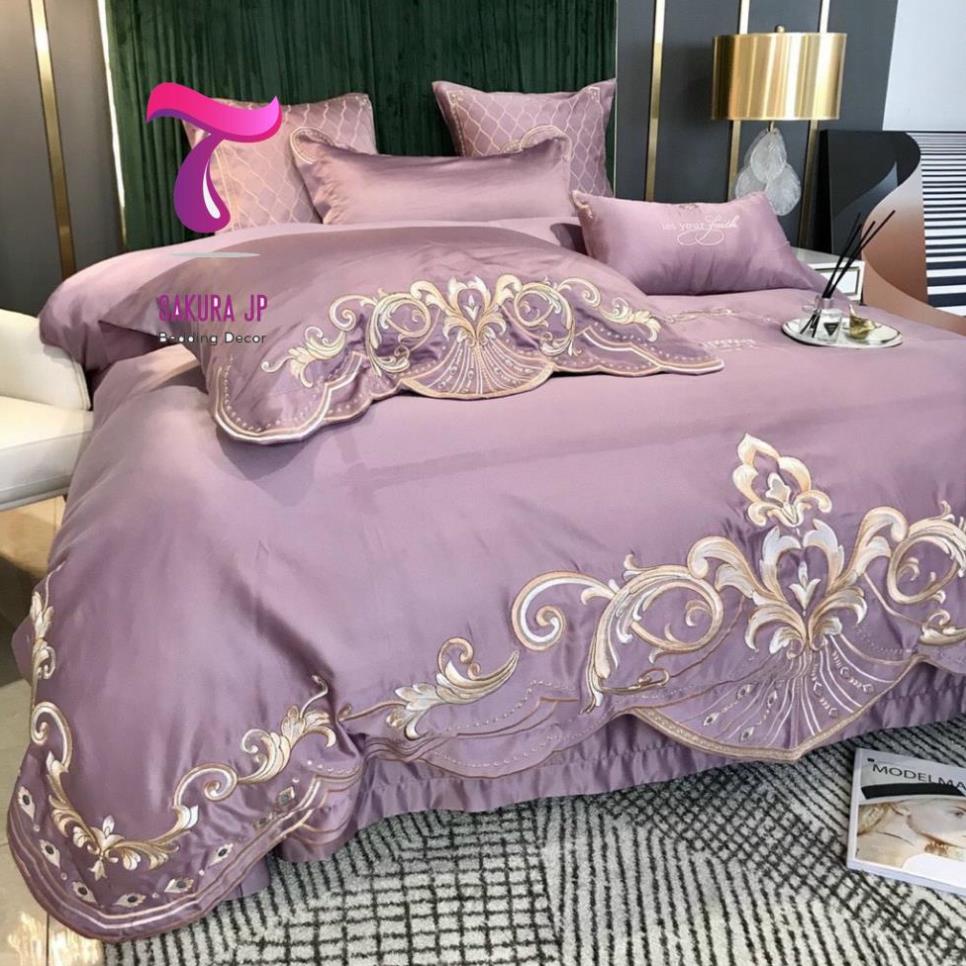 HÀNG MỚI- Bộ Chăn Ga 4 Món Lụa Satin 40s Nhập Khẩu Tím Hoa Hồng - Bộ Chăn Ga Cưới Cao Cấp