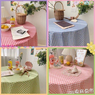 Khăn Trải Bàn Tròn Vải cotton Lanh Họa Tiết Sọc Caro Phong Cách Hàn Quốc