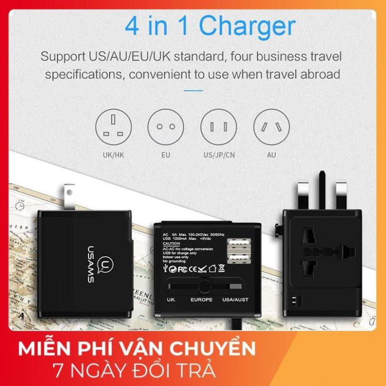 Adapter củ cóc sạc đa năng USAMS T2 TRAVEL hỗ trợ mọi ổ cắm mọi quốc gia trên thế giới - Hàng chính hãng