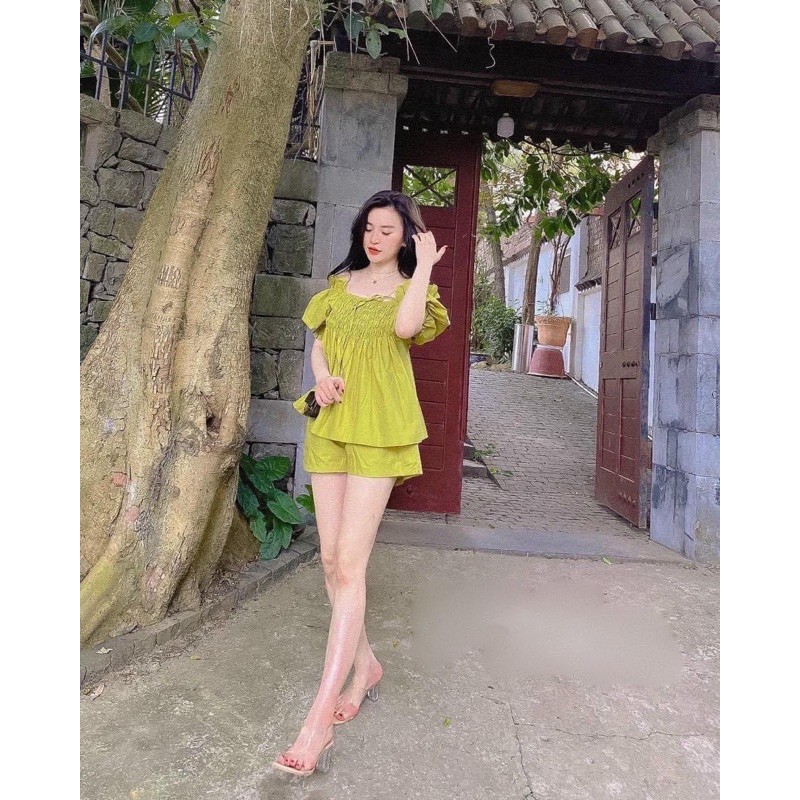 SNU226 - SET ĐÙI NỮ XANH CỐM CHUN NGỰC TAY BỒNG | BigBuy360 - bigbuy360.vn