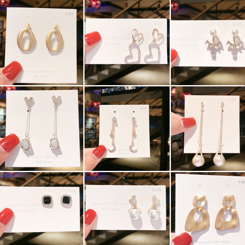 Bông Tai zircon Thiết Kế Tua Rua Dài Không Đối Xứng Phong Cách Hàn Quốc 50 Kiểu Lựa Chọn