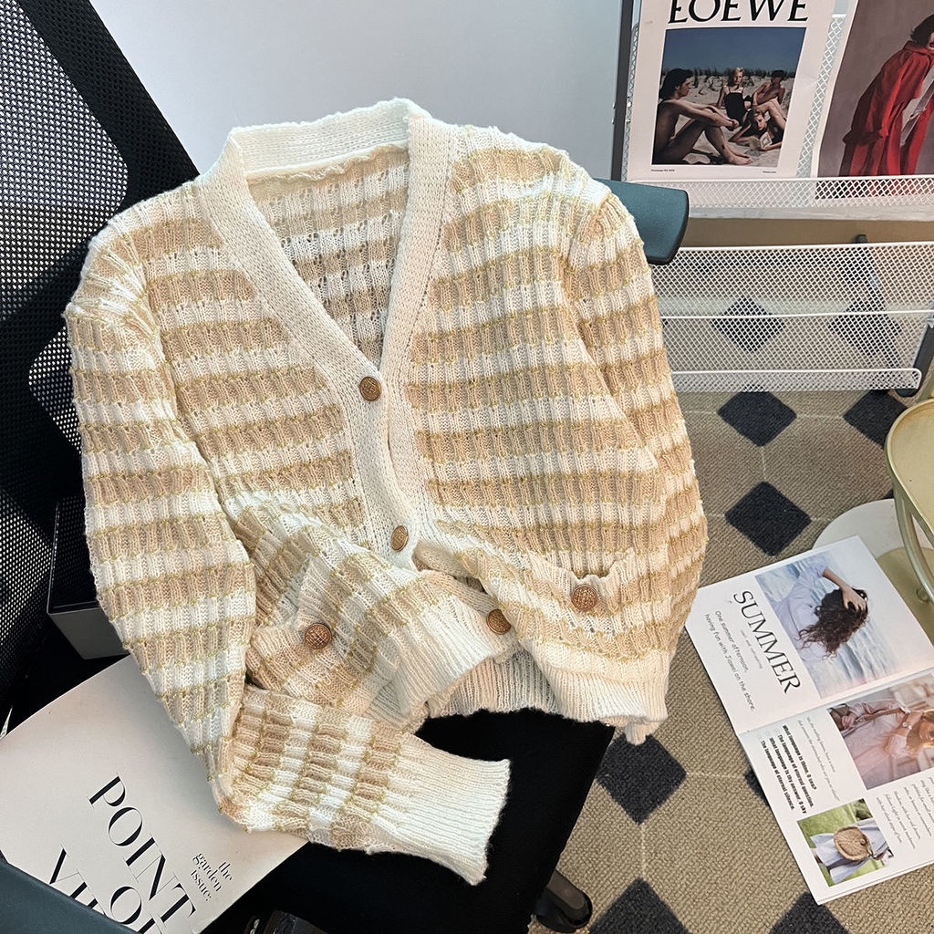 Áo Cardigan Dệt Kim Tay Dài Cổ Chữ V Họa Tiết Kẻ Sọc Màu Sắc Tương Phản Thời Trang Mùa