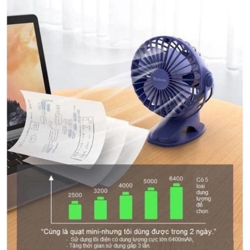 Quạt Tích Điện Treo Nôi Yoobao 6400Mah Xoay Góc 720 Độ, Dùng 32 Tiếng, Đế Kẹp Đa Năng Chính Hãng