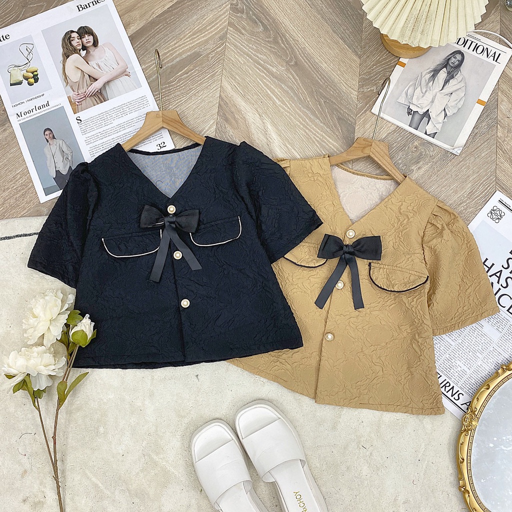 LOVI SHOP Áo croptop sơ mi xốp tay phồng ngắn phối nơ dịu dàng nữ tính mùa hè 2022