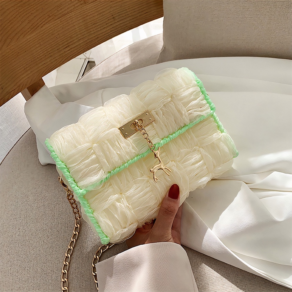 Túi len tự đan ruy băng phối viền, túi đeo chéo phong cách Hàn Quốc - Bộ phụ kiện đầy đủ LX302