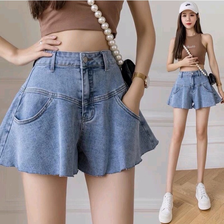 Quần short nữ ống loe chất vải Jeans dày dặn co giãn nhẹ hàng y hình kèm clip chính chủ