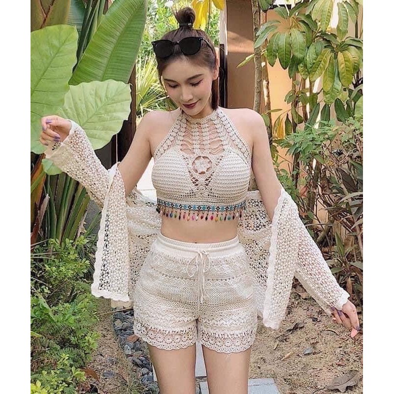 [FREESHIP - HÀNG LOẠI 1] SET BIKINI 3 MÓN REN LƯỚI ĐI BIỂN HÀNG QC