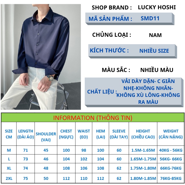 Áo sơ mi nam xanh đậm form rộng tay dài chuẩn form Hàn Quốc chất lụa mềm mịn mát ít nhăn-SMD11