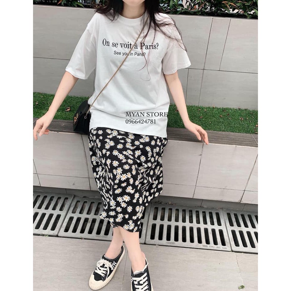 Set đồ nữ áo phông chữ mix chân váy hoa dài 2 lớp. Áo cotton tàu mịn 4c , chân váy đũi lụa mềm. | BigBuy360 - bigbuy360.vn