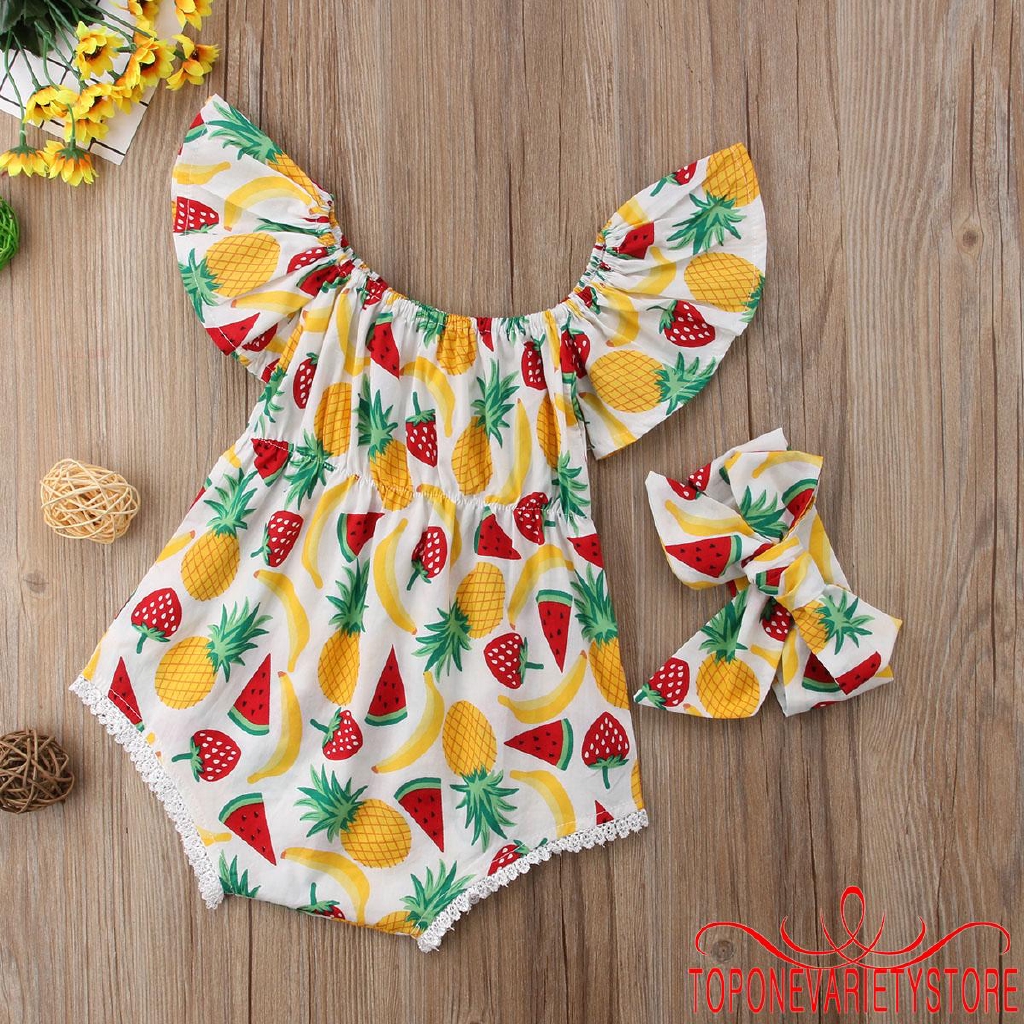 Bộ áo quần liền nhau in hình trái cây cho bé gái 0-24 tháng tuổi