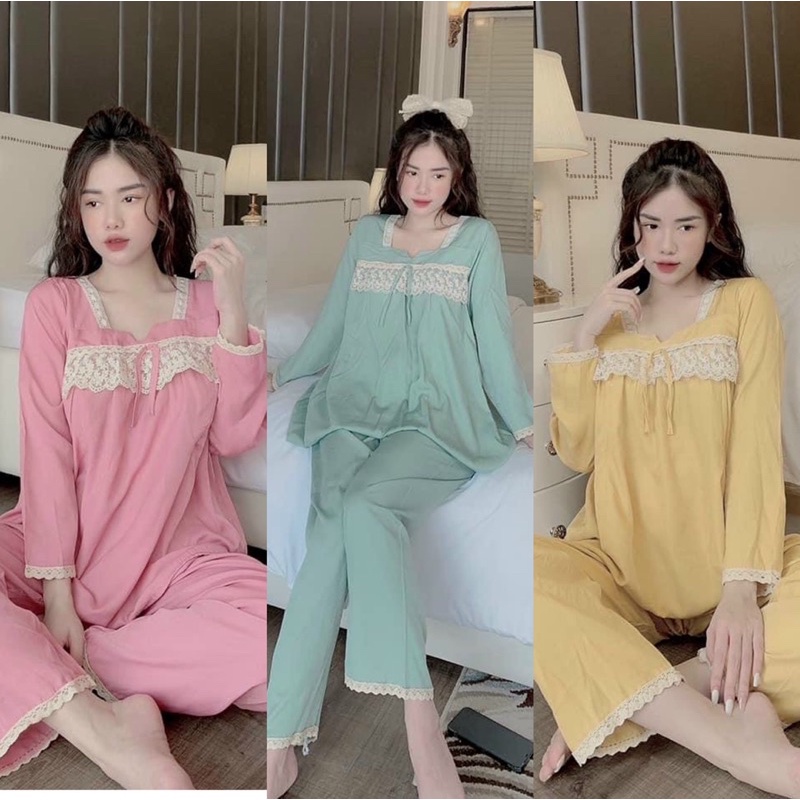 Đồ bầu mặc nhà cổ vuông- bộ bầu sau sinh chất đũi hàn phối ren ở ngực có khoá mở