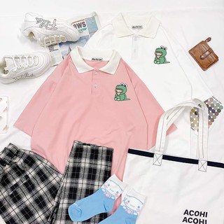 [Hình thật] Áo thun Polo tay lỡ có cổ form rộng freesize unisex in hình khủng long xanh màu trắng, hồng