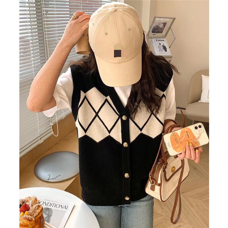 Áo Sweater Dệt Kim Không Tay Cổ Chữ v Họa Tiết Kim Cương Màu Sắc Tương Phản Phong Cách Hàn Quốc