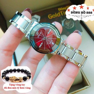 Đồng hồ nữ HALEI dây kim loại TẶNG 1 vòng- dây trắng mặt đỏ