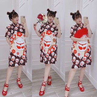 Đầm nữ ,đầm suông cổ tàu in họa tiết 3d diện tết cực xinh