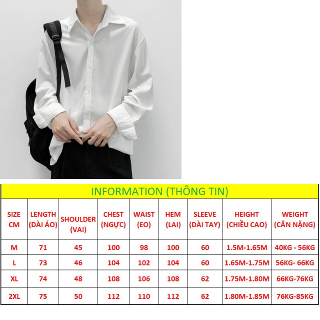 Áo sơ mi trắng đi học form rộng tay dài nam nữ vải Lụa mềm mịn ít nhăn MRD01 từ 40-85kg