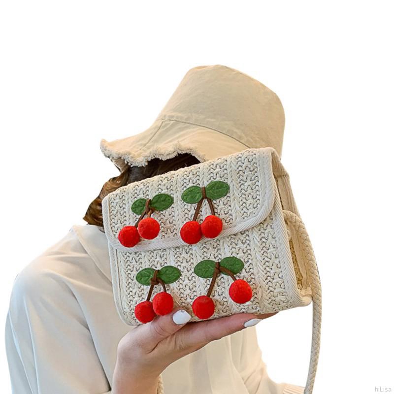 [Mã FASHIONT4WA2 giảm 10K đơn 50K] Túi cói đeo vai phối họa tiết trái cherry xinh xắn dành cho nữ