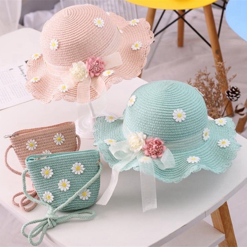 PVN27783 Mũ cói rộng vành kèm túi cho bé gái