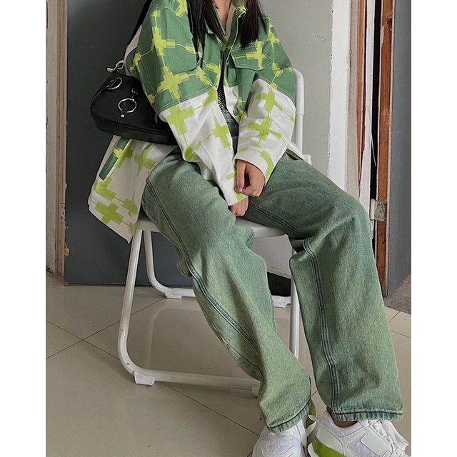 Quần jeans ống rộng thể thao form Âu Mỹ màu xanh lá | dias.worlddd