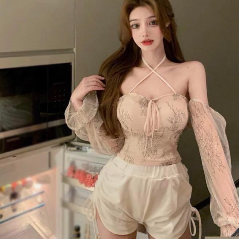 Áo kiểu trễ vai phối dây yếm cúp ngực voan hoa ren hở lưng đan dây chéo buộc nơ - Order taobao quảng châu