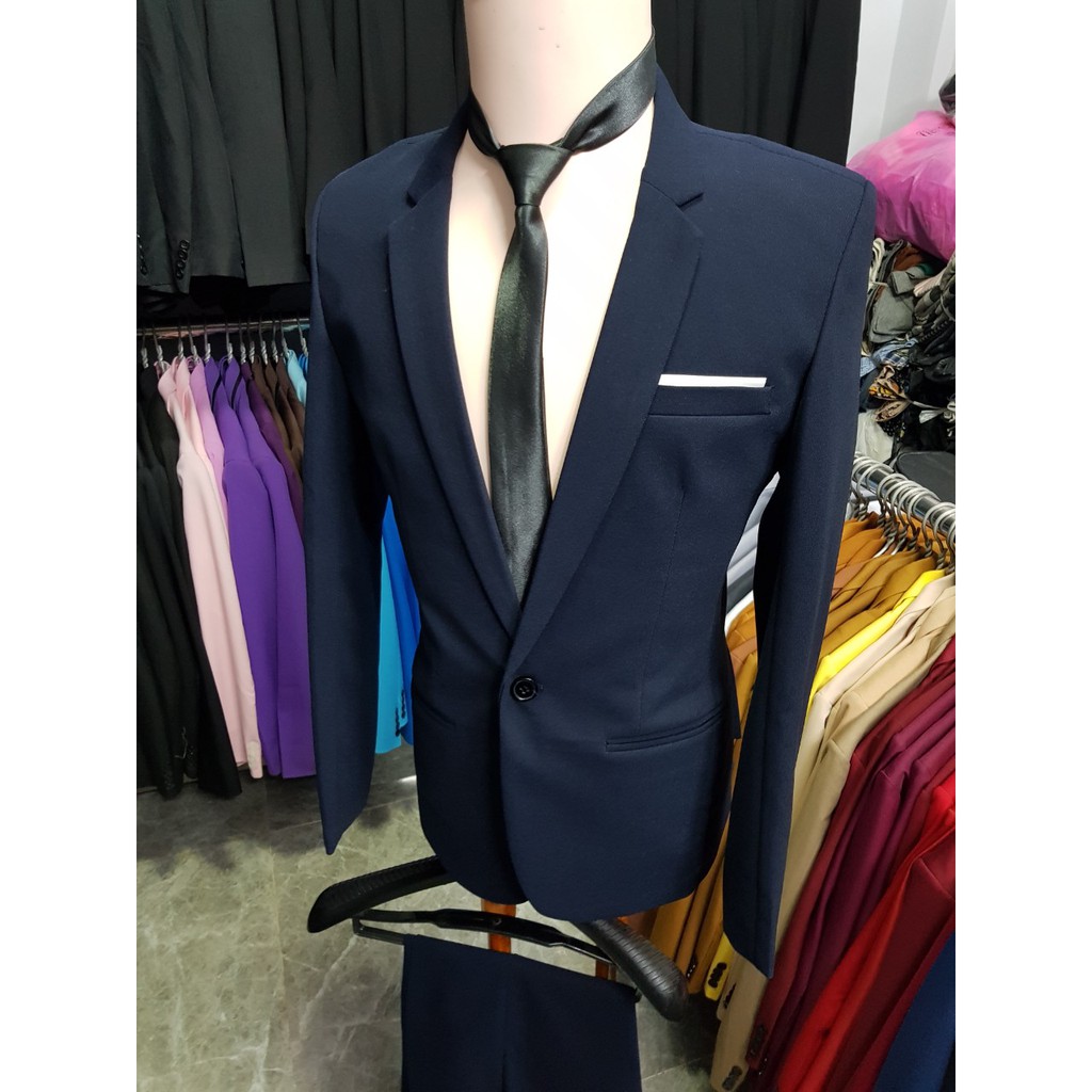 [Full Set] Bộ vest nam body kiểu Hàn Quốc màu Xanh Đen Đậm (áo vest + quần + gile + cà vạt + nơ)