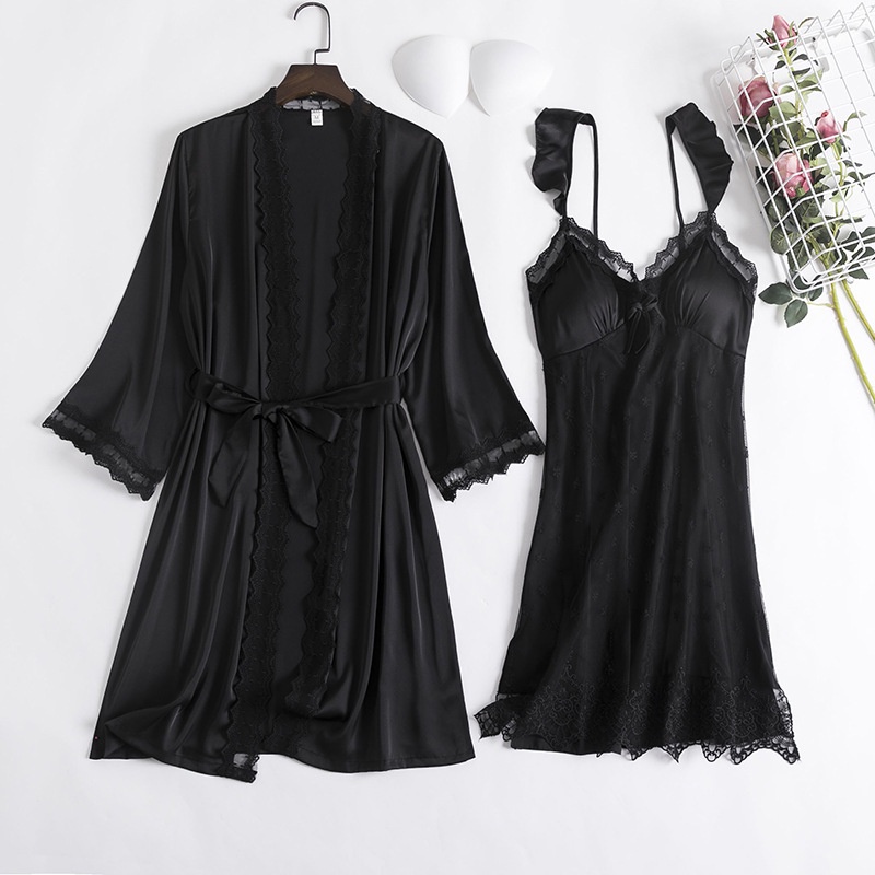 Bộ Đồ Ngủ Vải Lụa Lạnh Phối Ren Cổ Chữ V Có Đệm Ngực Kèm Thắt Lưng Thời Trang Quyến Rũ Cho Nữ