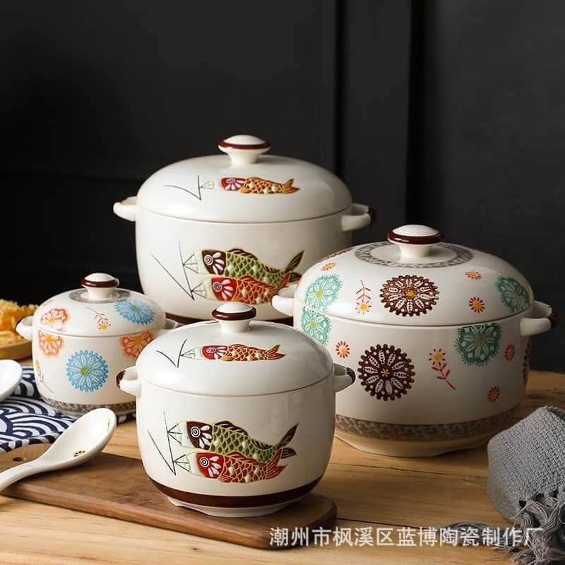 Thố chưng yến có nắp họa tiết cá gỗ kèm thìa
