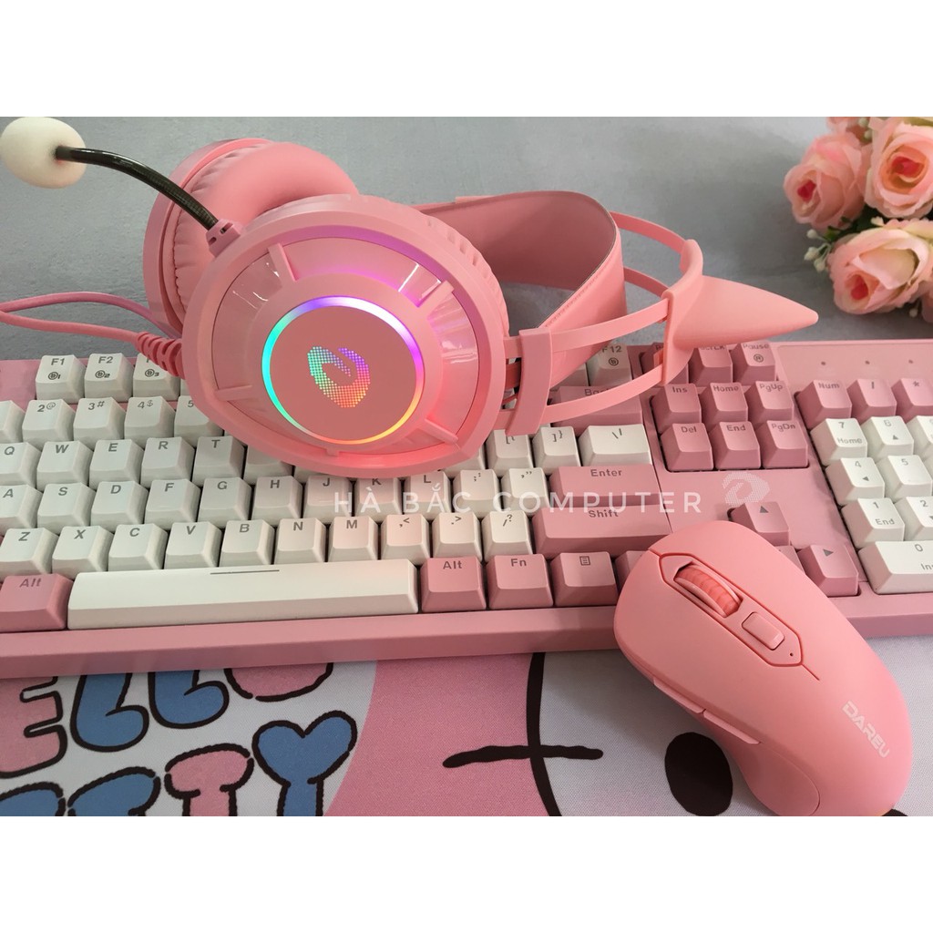 Combo Bàn Phím EK1280 - Chuột LM115G - Tai Nghe EH469 - Lót Di Màu Hồng HELLO KITTY - HÀNG CHÍNH HÃNG