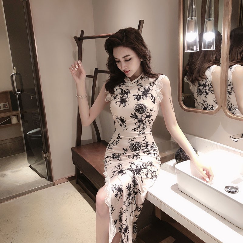 Sườn xám hoa trắng đen (ảnh thật)
