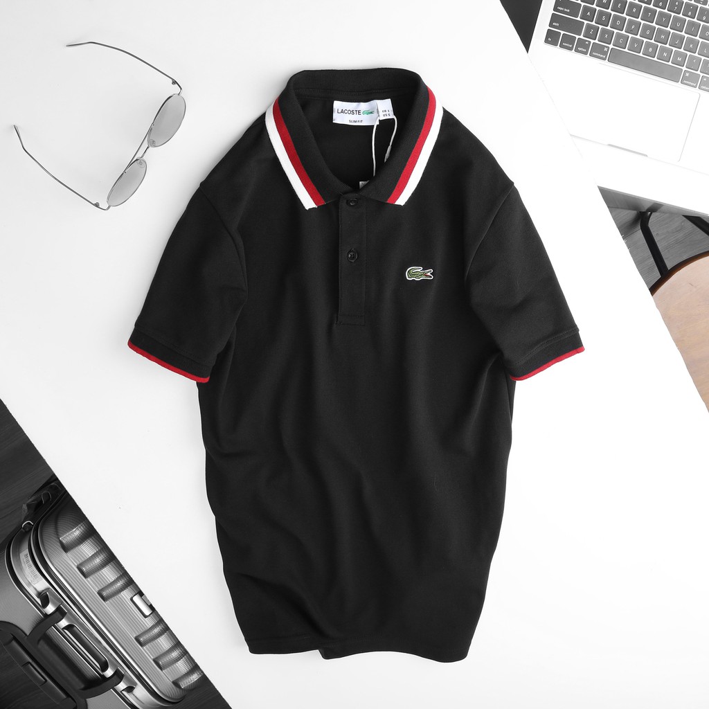 (4 màu) Áo polo vải dệt cotton cao cấp Lacoste viền phối màu