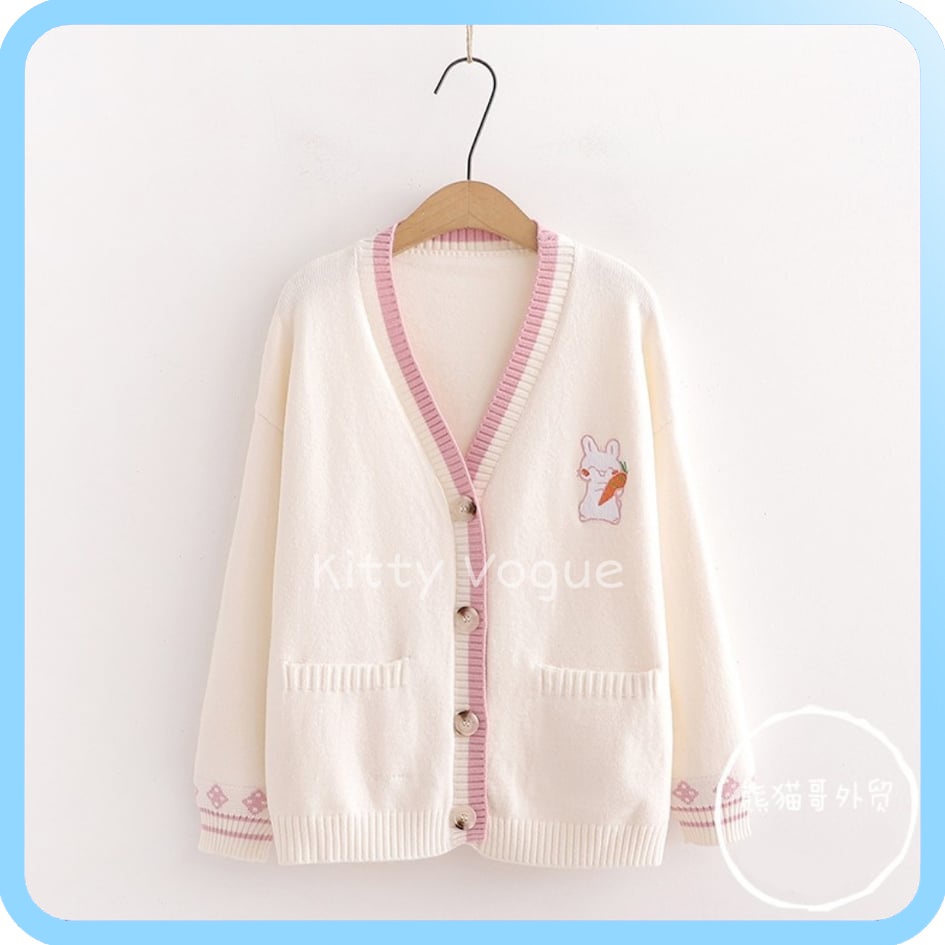 Áo khoác len Cardigan bé thỏ cầm cà rốt phong cách Nhật Bản thu đông (Kèm ảnh thật)