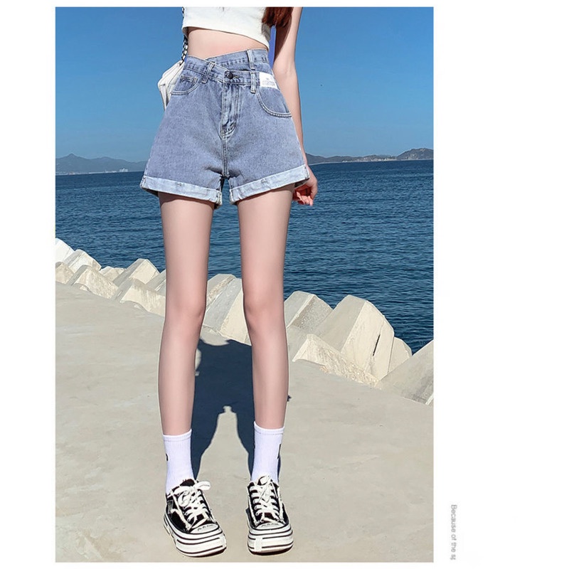 Quần Short Denim Lưng Cao Thời Trang Cá Tính 165841 Quần Short Nữ Dáng Chữ a Phong Cách Hàn Quốc