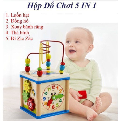 Bộ Giáo Cụ Tổng Hợp 5in1 Luồn hạt, chơi bánh răng, đồng hồ, thả hình, chơi zic zắc
