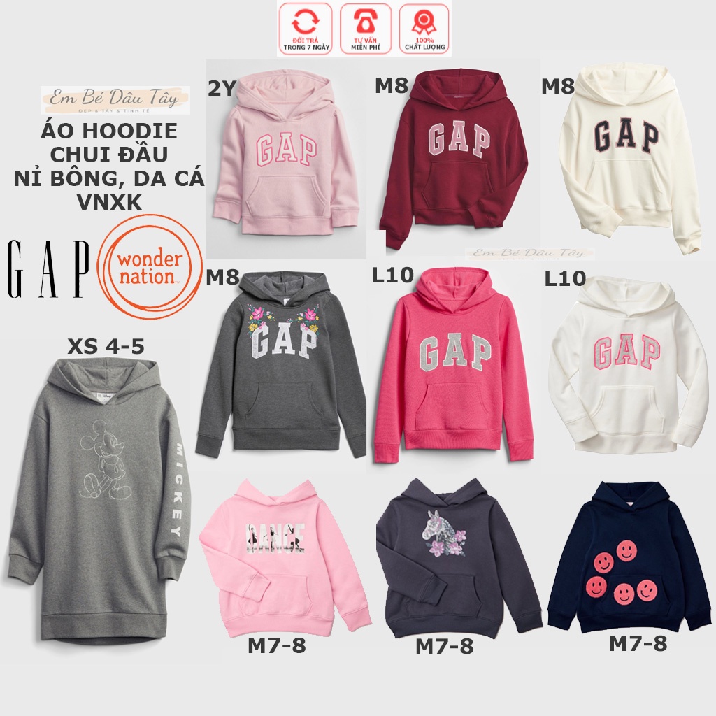Áo hoodie chui đầu có nón cho bé gái VNXK G A P, WonderNation nỉ lót bông, da cá
