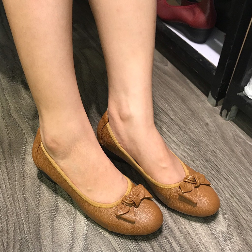 Giày đế xuồng nữ 4 phân Lunashoes (24801) mũi tròn da thật có nơ cao cấp dễ đi kiểu Hàn quốc giầy trung niên cho mẹ