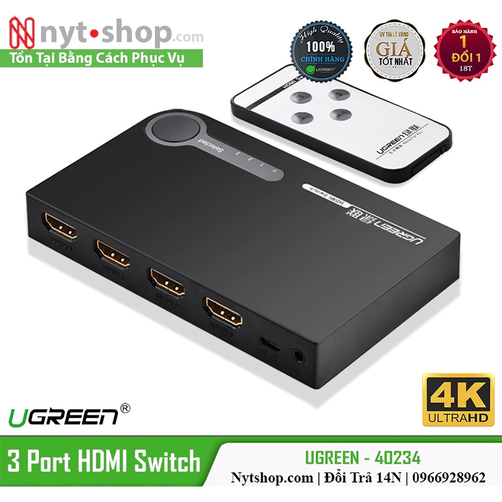 Bộ Gộp HDMI 3 in 1 Hỗ Trợ 3D Full HD UGREEN 40234 Chính Hãng