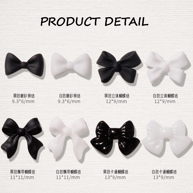 Túi 50 chiếc charm nơ đen trắng đính móng, charm nơ nhựa cơ bản, phụ kiện nail salon