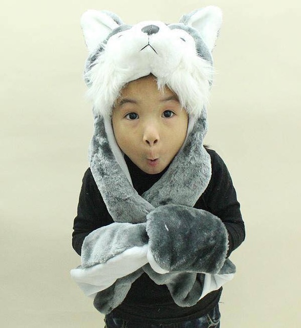 Khăn mũ thú liền găng động vật, mũ liền khăn hình gấu, sói, thỏ