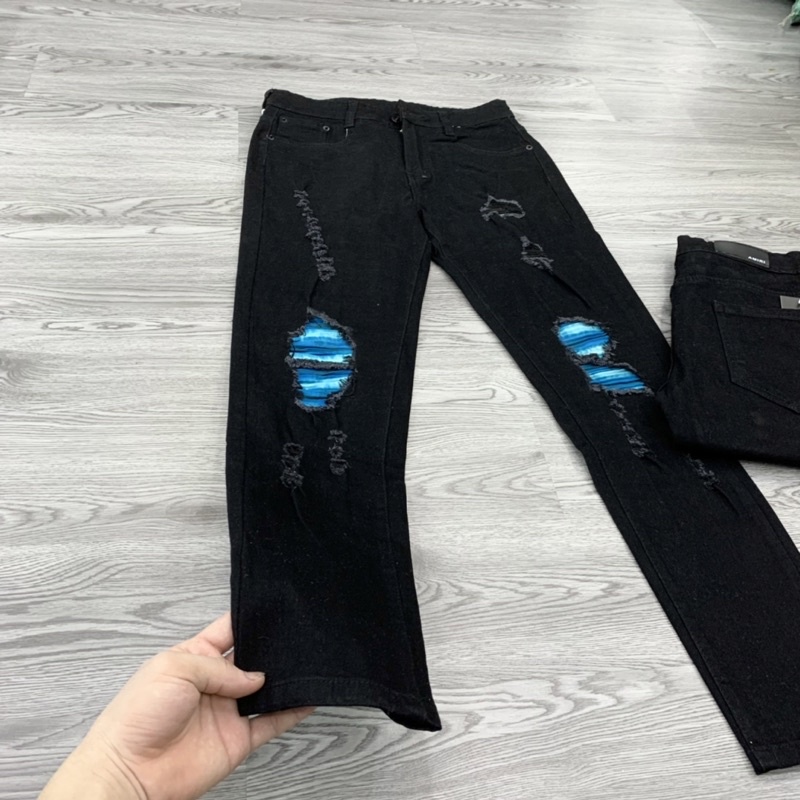 Quần jean bò nam đen phối rách xước gối lót vải nhăn xanh kẻ loang dáng slimfit vải dày dặn đẹp QJ45P