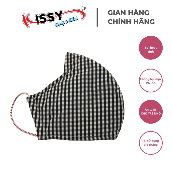 Khẩu trang vải 3 lớp Kissy người lớn size L họa tiết kẻ đen nhỏ chống nắng và chống bụi mịn hiệu quả