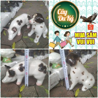 Bộ tượng 2 chó trắng & lợn trắng gốm sứ Bát Tràng làm mô hình trang trí tiểu cảnh, trang trí bể cá